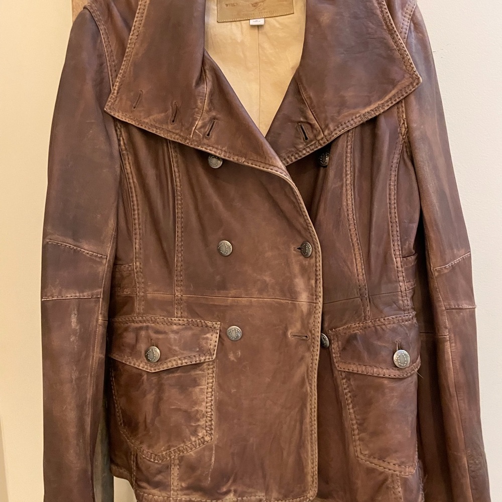 💕True Religion distressed brown leather double breasted jacket XL. NWOT